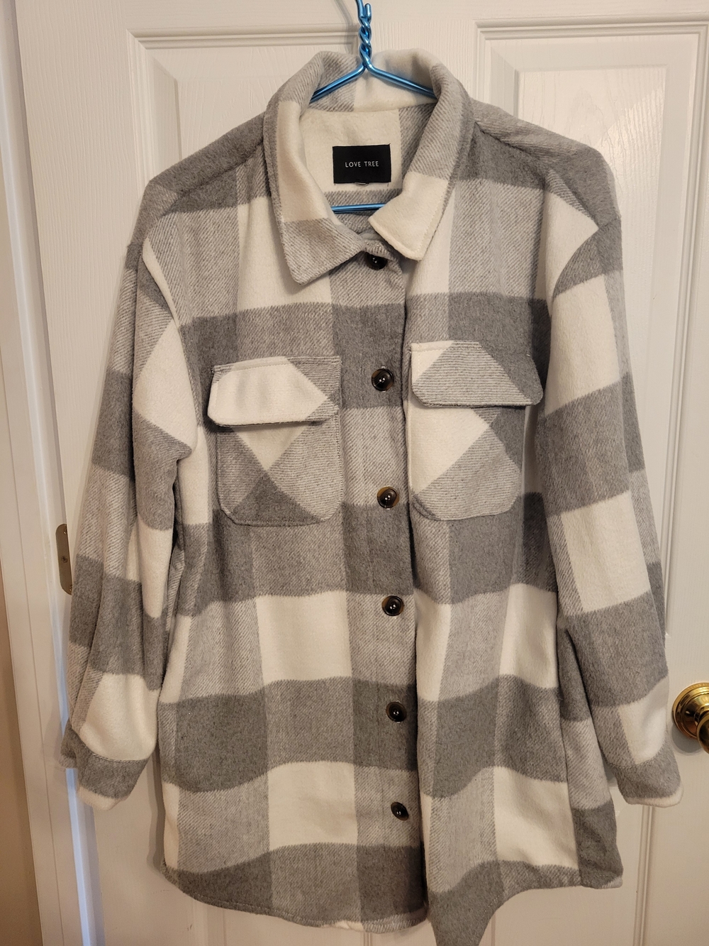 Love Tree Gray & Cream Plaid Utility Shacket